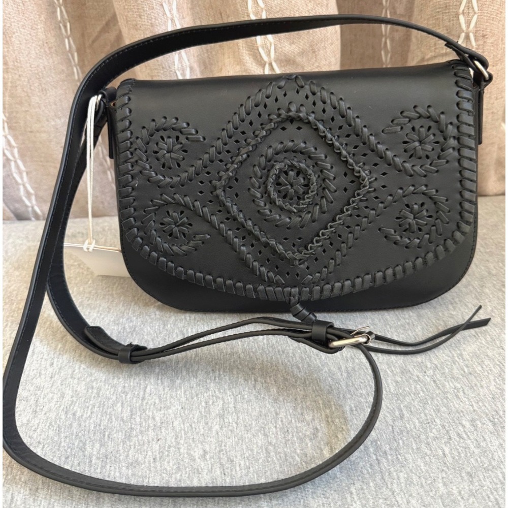 Lucky Brand Black Leather Cary Crossbody Purse Bohemian Western Satchel Bag